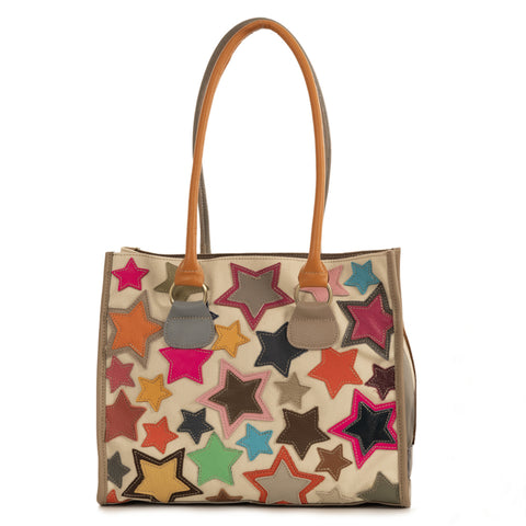 Alive With Style 'Star Crossed Lover' Leather Tote/Shoulder Bag by Sassy Duck in Multi Beige