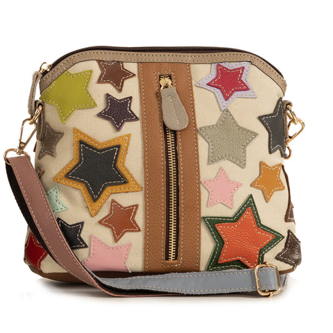 Alive With Style 'Star Crossed Lover' Leather Cross Body Bag by Sassy Duck in Multi Black-Multi Beige