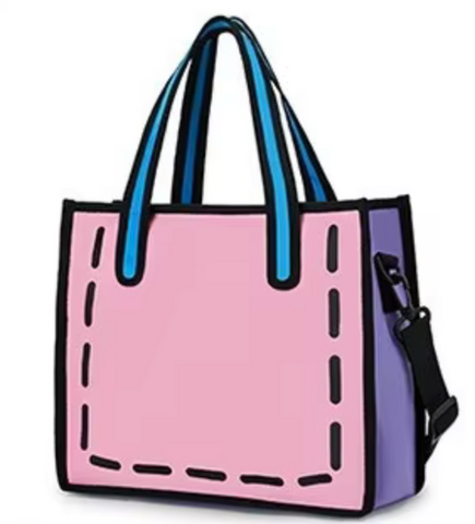 Alive With Style 'Cartoon' Canvas Tote/Handbag/Shoulder Bag in Yellow-Blue-Pink-Grey